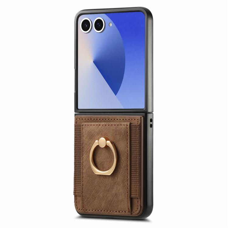 Funda para Samsung Galaxy Z Flip7 5G con diseño retro de piel sintética y tarjetero (marrón)