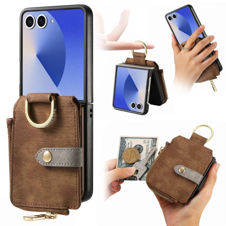 Funda tipo cartera con cremallera vertical y anillo retro para Samsung Galaxy Z Flip 7 5G (marrón)