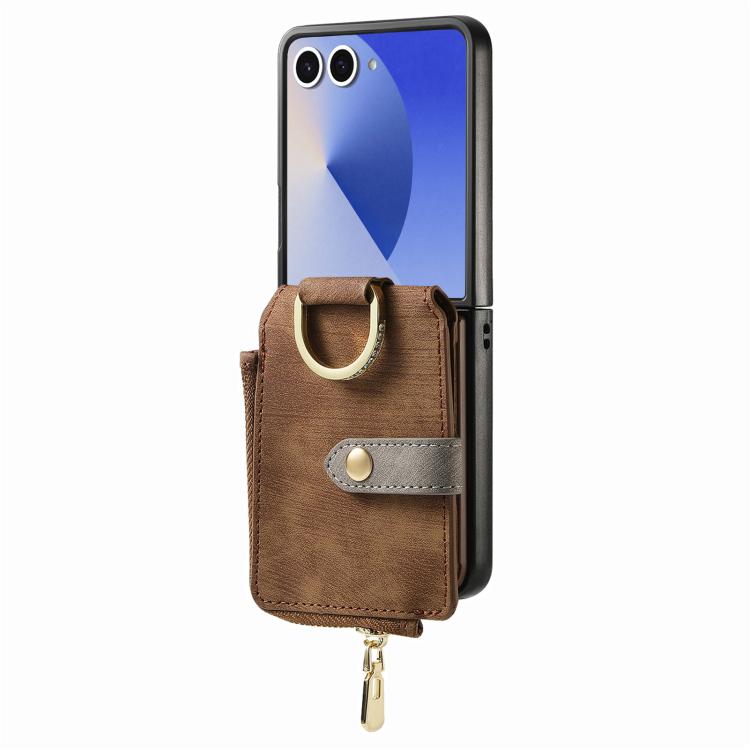 Funda tipo cartera con cremallera vertical y anillo retro para Samsung Galaxy Z Flip 7 5G (marrón)