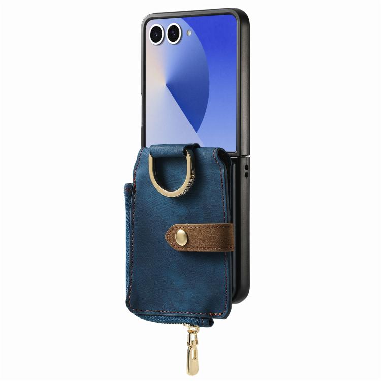 Funda tipo cartera con cremallera vertical y anillo retro para Samsung Galaxy Z Flip 7 5G (azul)