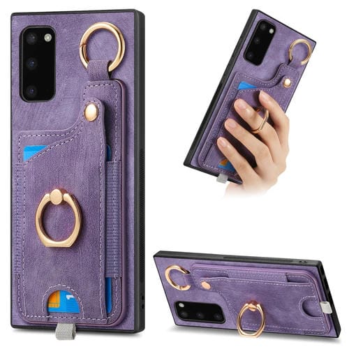 Funda para Teléfono Samsung Galaxy S20 con Bolsa para Tarjeta y Anillo con Sensación de Piel Retro con Lazo para Colgar (Púrpura)