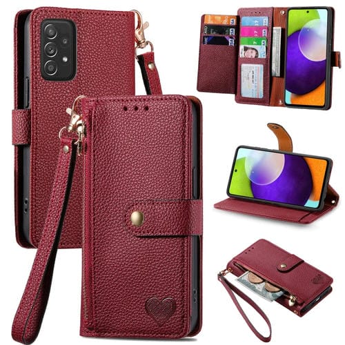 Funda para Samsung Galaxy A52 5G Love Zipper Lanyard Cuero (Rojo)