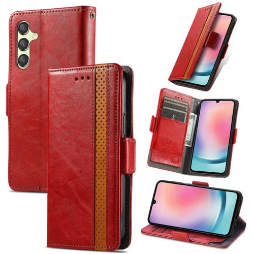 Funda para Teléfono Caseneo Samsung Galaxy A05S Splicing Cuero Hebilla Magnética Dual (Rojo)