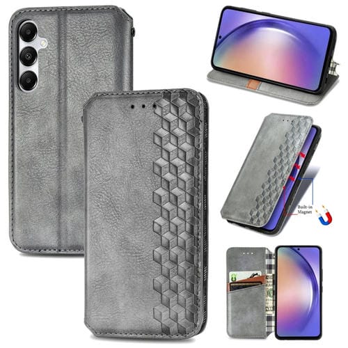 Funda para Teléfono Samsung Galaxy A55 5G Cuero Magnético Prensado Rejilla Cúbica (Gris)