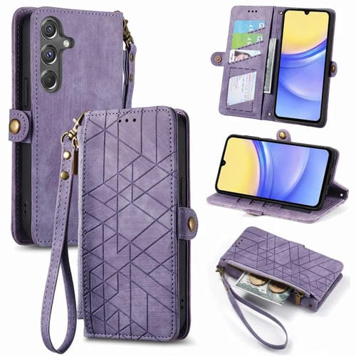 Funda de TelĂ©fono Samsung Galaxy A15 Cuero Hebilla Lateral Billetera Cremallera (PĂșrpura)