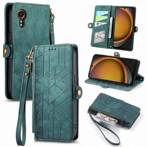 Estuche para Teléfono Samsung Galaxy Xcover 7 Cuero con Hebilla Lateral y Billetera con Cremallera (Verde)