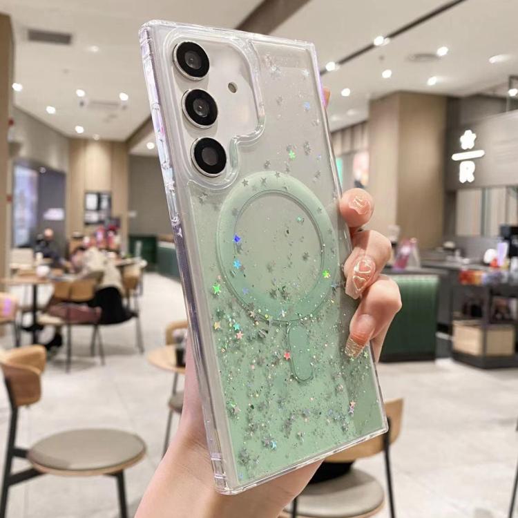 Funda híbrida de TPU transparente con purpurina MagSafe para Samsung Galaxy S25 5G (verde)
