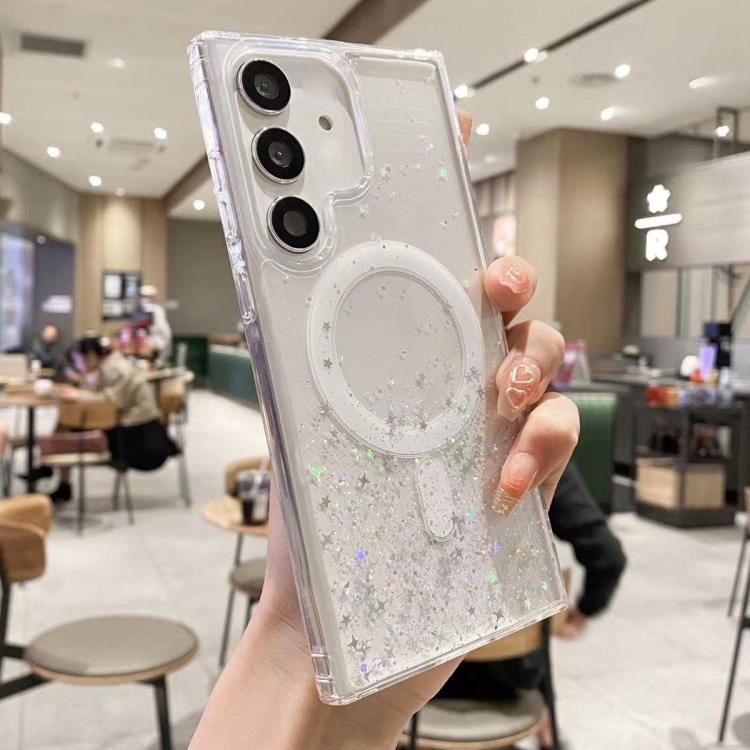 Funda híbrida de TPU transparente con purpurina MagSafe para Samsung Galaxy S25+ 5G (blanca)