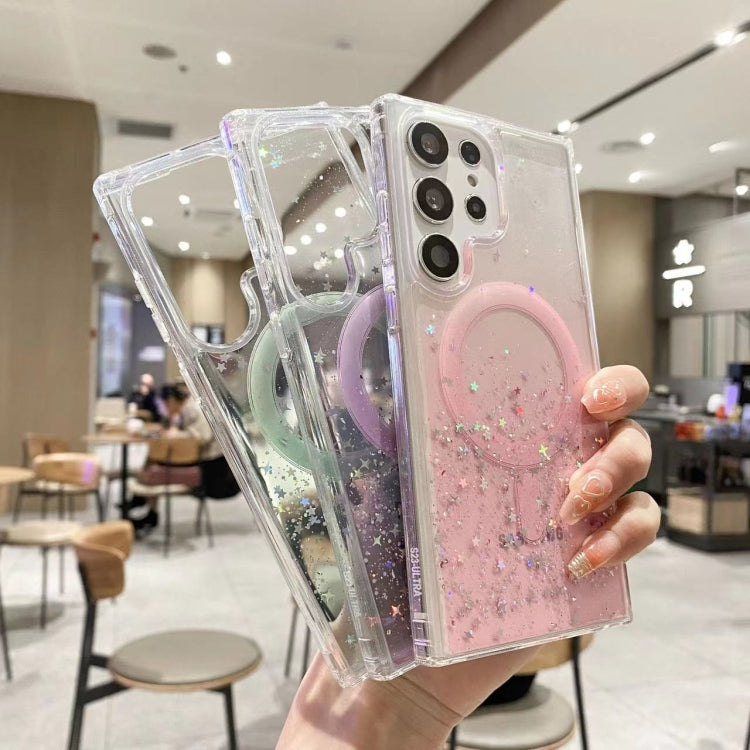 Funda híbrida de TPU transparente con purpurina MagSafe para Samsung Galaxy S25 5G (rosa)