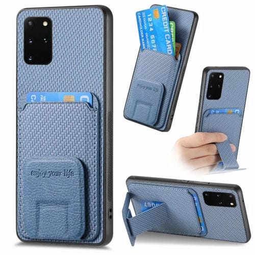 Funda para Teléfono Samsung Galaxy S20 con Soporte Plegable y Bolsa para Tarjetas de Fibra de Carbono (Azul)