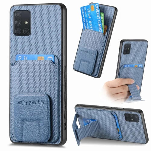 Funda para Teléfono Samsung Galaxy A51 5G con Soporte Plegable y Bolsa para Tarjetas Fibra de Carbono (Azul)