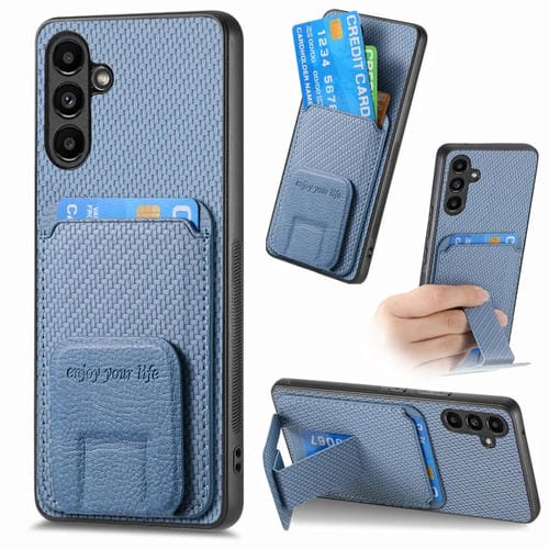 Funda para Teléfono Samsung Galaxy A14 4G 5G con Soporte Plegable y Bolsa para Tarjetas Fibra de Carbono (Azul)