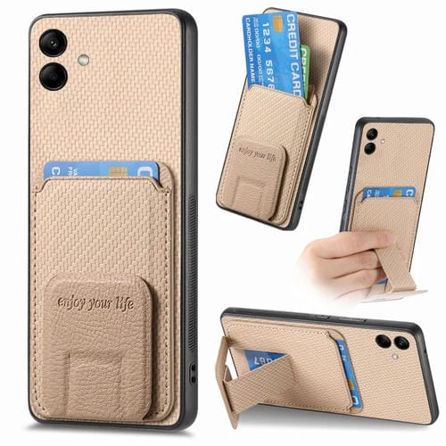 Funda para Teléfono Samsung Galaxy A04E con Soporte Plegable y Bolsa para Tarjetas de Fibra de Carbono (Caqui)