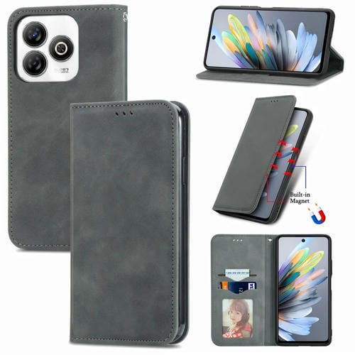 Funda de Cuero Magnética para ZTE Blade A75 4G con Tacto Retro (Gris)