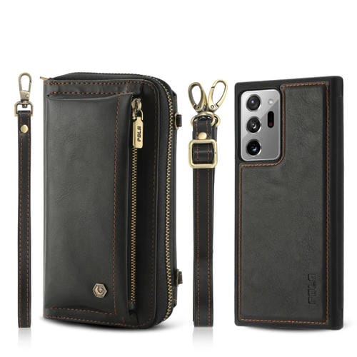 Funda de Cuero Crossbody para Samsung Galaxy Note20 con Billetera y Cremallera Multifuncional (Negro)