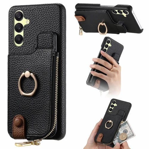 Funda para Samsung Galaxy A25 Litchi Leather Oil Edge Ring Zipper Wallet Back (Negro)
