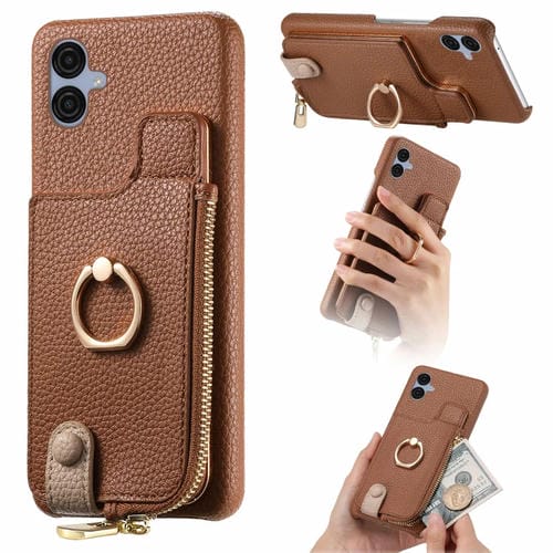 Funda para Teléfono Samsung Galaxy A04E Litchi Leather Oil Edge Ring Zipper Wallet (Marrón)