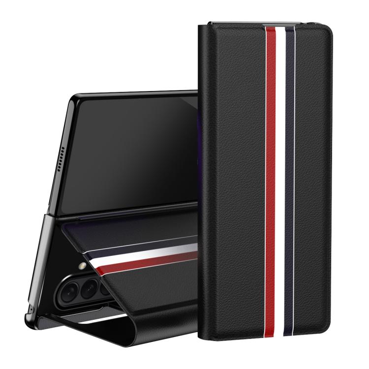 Funda trasera de PU con textura de lichi para Samsung Galaxy Z Fold7 5G con soporte (negra)