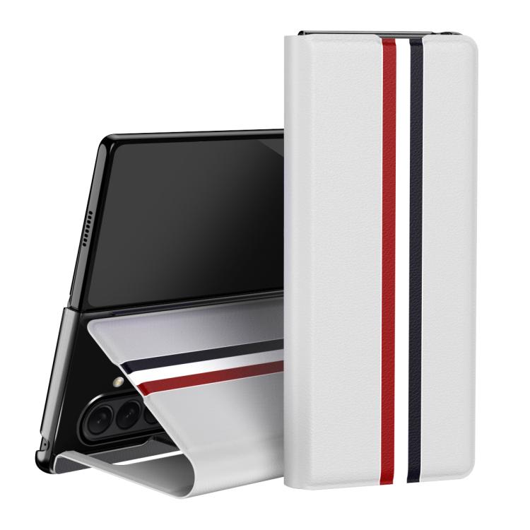 Funda trasera de PU con textura de lichi para Samsung Galaxy Z Fold7 5G con soporte (blanca)