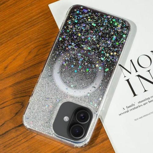 Funda MagSafe con purpurina degradada y estrellas para iPhone 16 Plus (negro degradado)