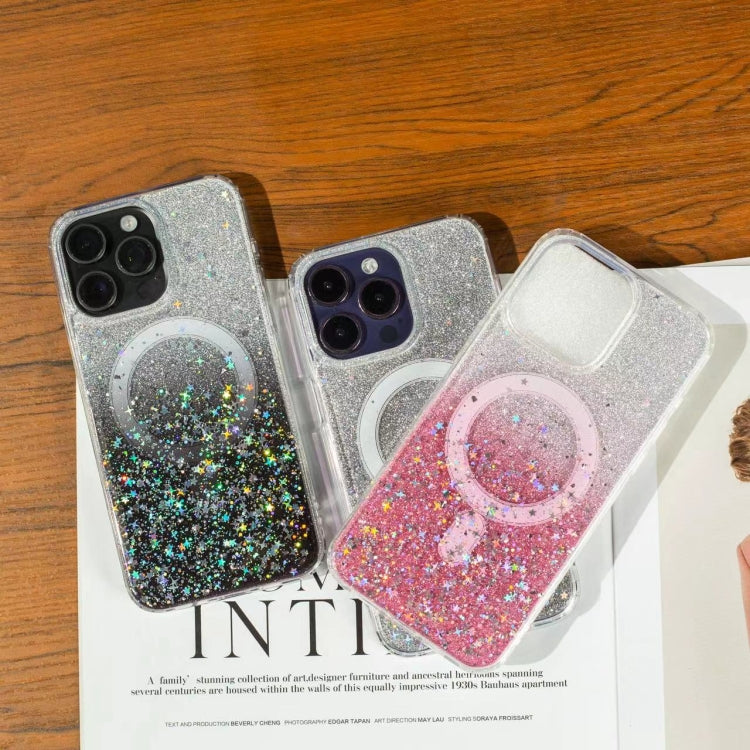 Funda MagSafe con purpurina y estrellas para iPhone 16e (plata degradada)