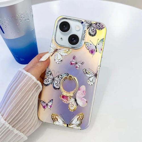 Estuche para teléfono iPhone 15 con soporte para anillo mariposa láser con galvanoplastia (Mariposas Rosadas Ab2) - MOVILSTORE