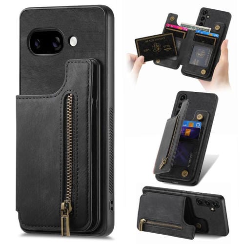 Funda de Cuero Retro con Cremallera y Billetera para Google Pixel 9A (Negra)