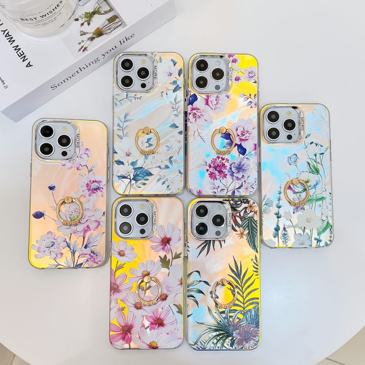 Caja de teléfono TPU para iPhone 15 con soporte de anillo y flor láser de galvanoplastia (Azul) - MOVILSTORE