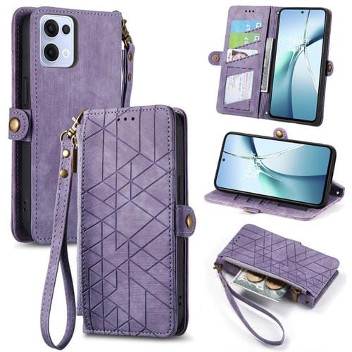 Funda de Cuero con Hebilla Lateral y Cremallera Geométrica para Oppo Reno13 (Morado)