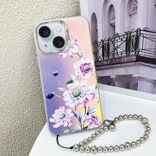 Funda para Teléfono iPhone 15 Zinnia Ah9 Flor Láser Galvanizada con Correa para Muñeca - MOVILSTORE