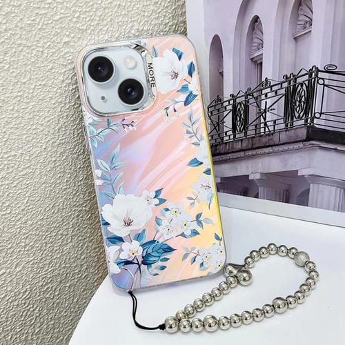 Estuche para teléfono iPhone 15 con flor láser y galvanoplastia con correa para la muñeca (Flor Blanca Ah10) - MOVILSTORE