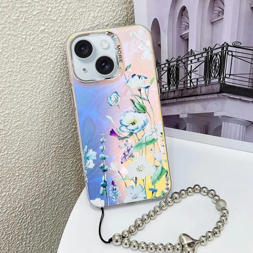 Funda para Teléfono iPhone 15 con Flor Láser Galvanizada y Correa para Muñeca (Flor Azul) - MOVILSTORE