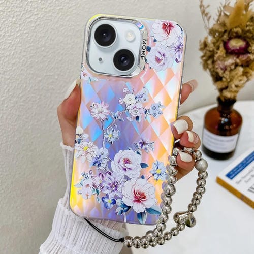 Funda para Teléfono iPhone 15 con Flor Láser Galvanizada y Correa para Muñeca (Rose) - MOVILSTORE