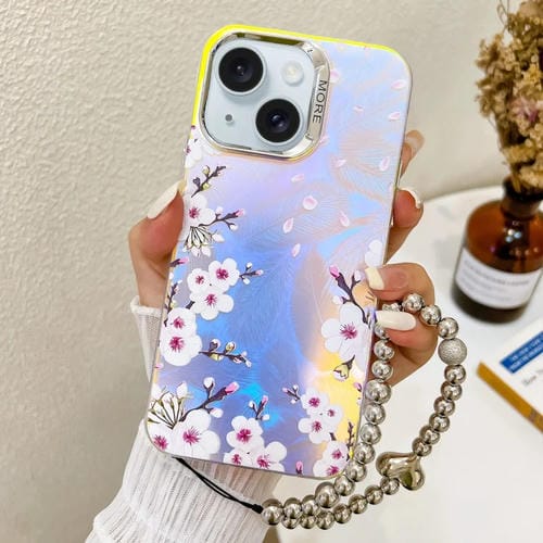 Funda para Teléfono iPhone 15 con Flor Láser Galvanizada y Correa para Muñeca (Plum Blossom Ah18) - MOVILSTORE