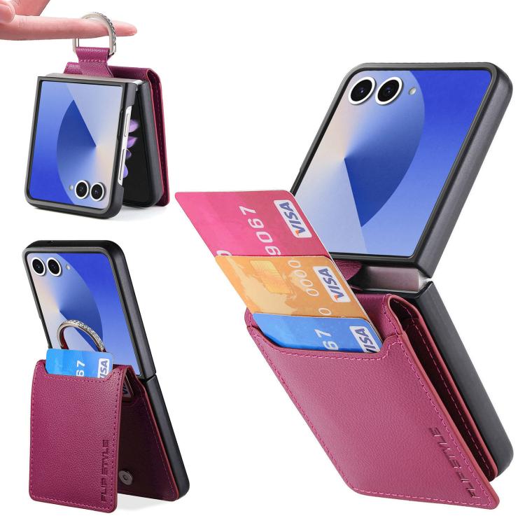 Funda tipo cartera con anillo de cuero con textura de lichi para Samsung Galaxy Z Flip7 5G (morado)