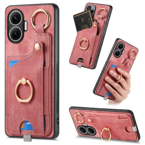 Funda para Redmi Turbo 4 Pro con diseño retro de piel sintética, con anillo y asa para colgar (rosa)
