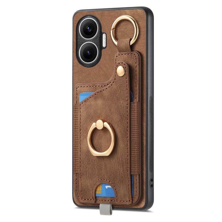 Funda para Redmi Turbo 4 Pro con diseño retro de piel sintética, con anillo y asa para colgar (marrón)