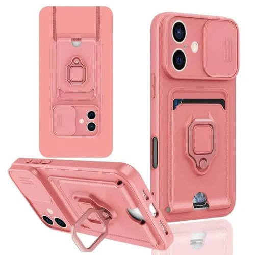 Funda de Silicona para iPhone 16 con Soporte para Tarjetas Magnético Deslizante Camshield (Rosa)