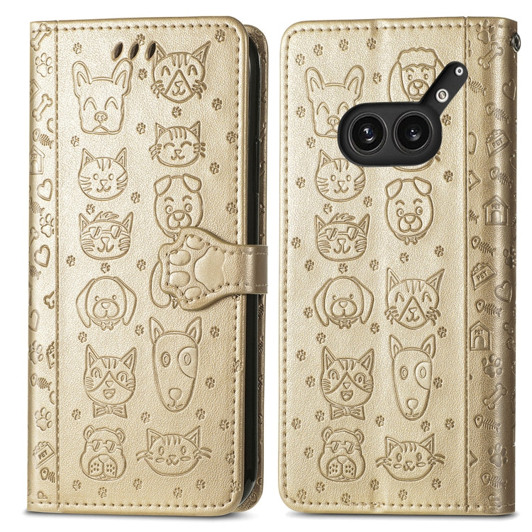 Funda de Piel For Nothing 2A Plus con Relieve de Gato y Perro (Dorada)