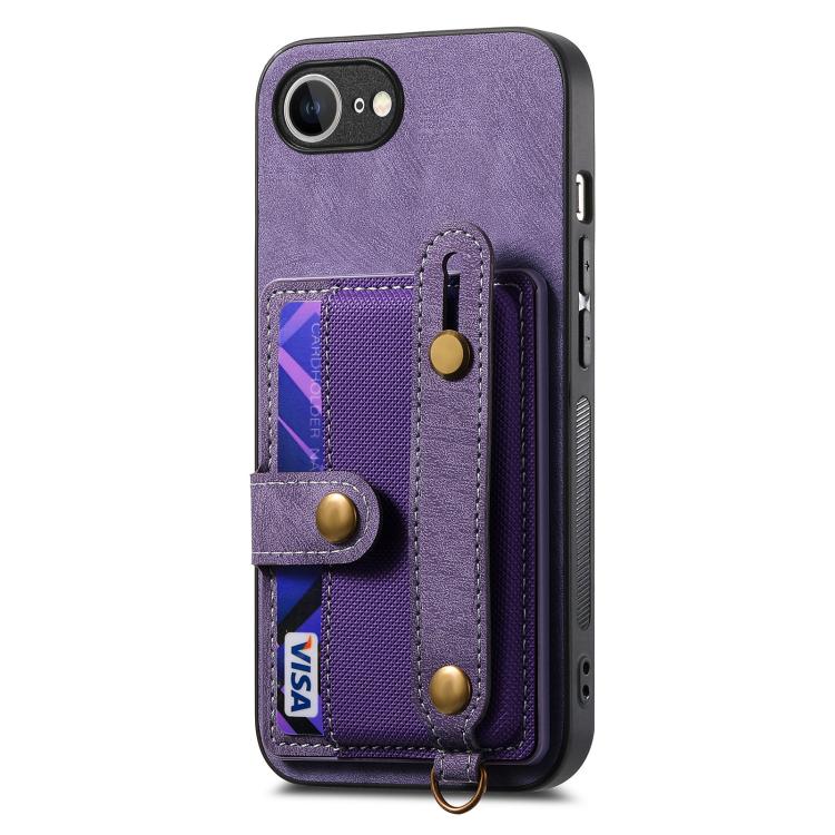 Funda de Cuero Tipo Billetera con Pulsera Cruzada Retro para iPhone 16E (Morado)