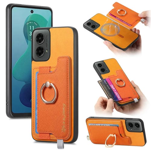 Funda para Teléfono Motorola Moto G 5G 2024 con Tarjetero y Anillo de Cuero Magsafe Cross (Amarillo)