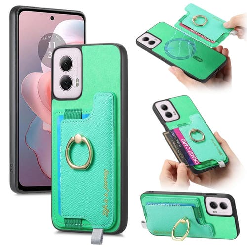 Funda para Teléfono Motorola Moto G Power 2024 5G con Tarjetero Anillo Cuero Retro (Verde)