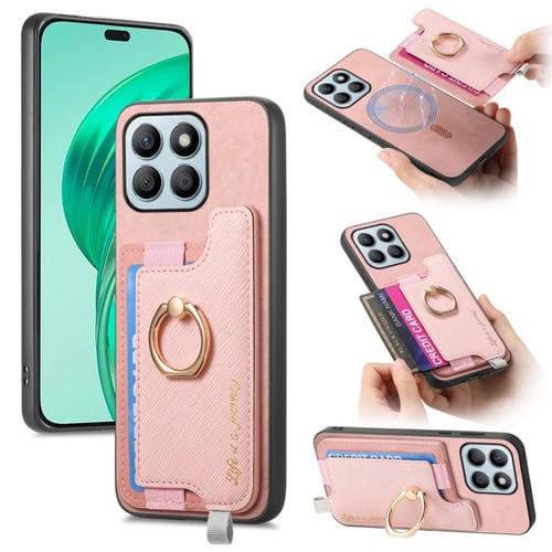 Funda para Teléfono Honor X8B con Tarjetero y Anillo de Cuero Retro Magsafe (Rosa)