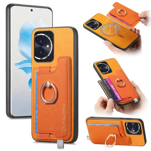 Funda para Teléfono Honor 100 con Tarjetero y Anillo de Cuero Diseño Retro Magsafe Cross (Amarillo)