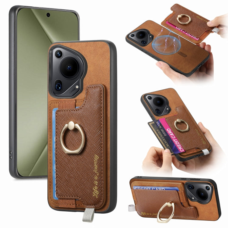 Funda para Teléfono Huawei Pura 70 Ultra con Tarjetero y Anillo Cuero Retro (Marrón)