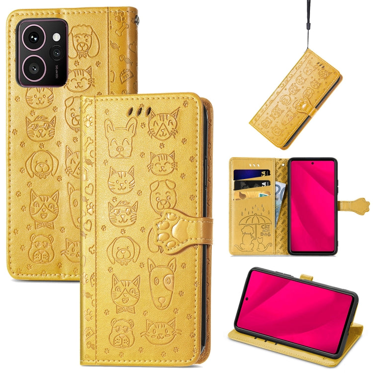 Funda de Cuero con Relieve Gato y Perro para Teléfono HMD Skyline (Amarillo)
