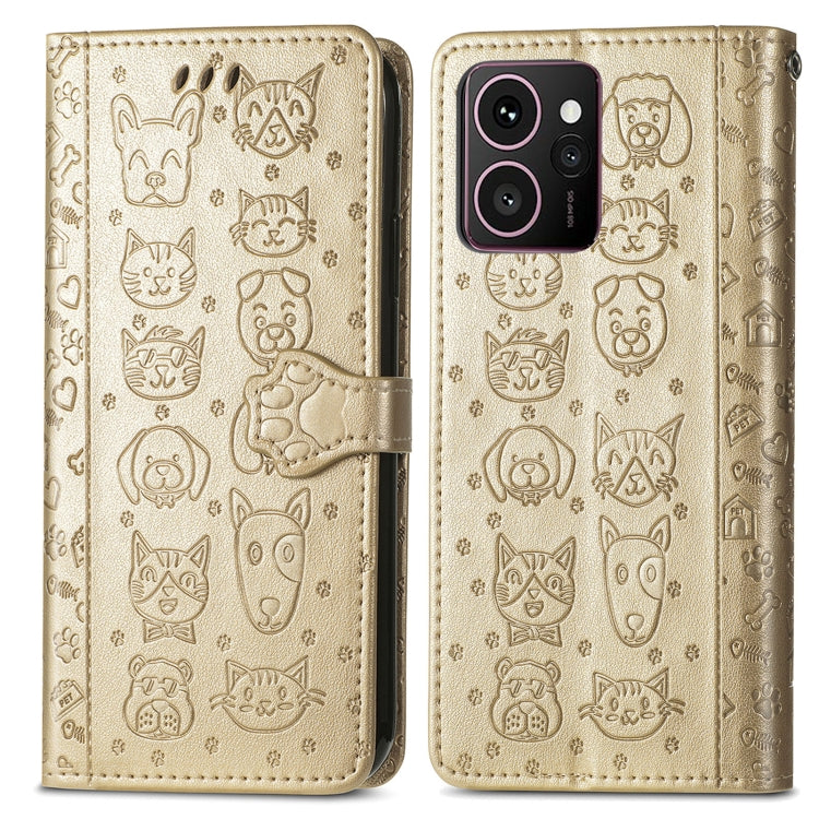 Funda de Cuero con Relieve de Gato y Perro para Teléfono HMD Skyline (Dorada)