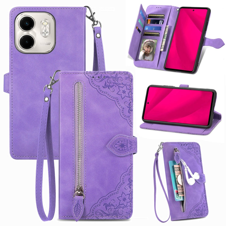 Funda de Cuero con Cremallera y Flores en Relieve para Infinix Smart 9 (Morado)