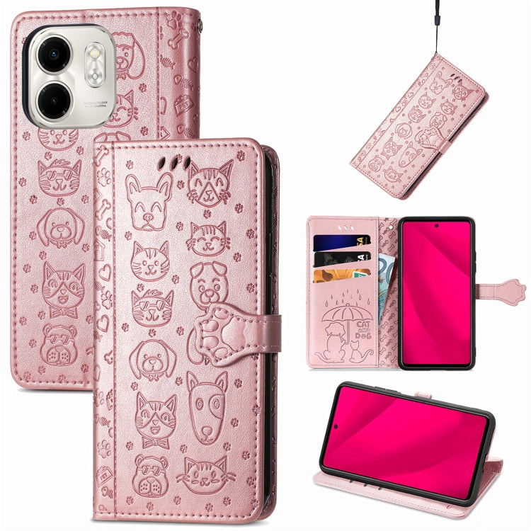 Funda de Piel con Relieve de Gato y Perro para Teléfono Infinix Smart 9 (Oro Rosa)