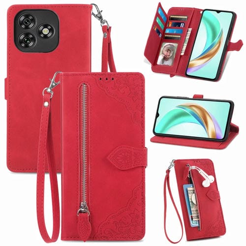 Funda de Cuero con Cremallera y Flores en Relieve para Oukitel C53 (Rojo)